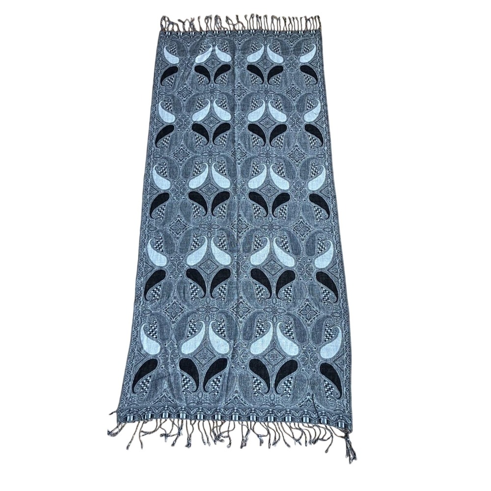 Genuine Pashmina Silk Scarf Grey Black White Paisley Tassel Accent Wrap